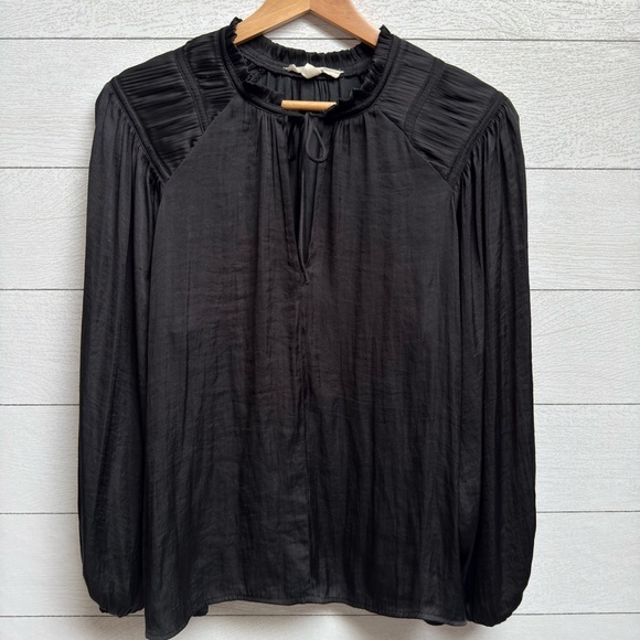 grade & gather Tops - Grade & Gather | Satin Black Pleated Shoulder Blouse – Romantic Boho | Size S